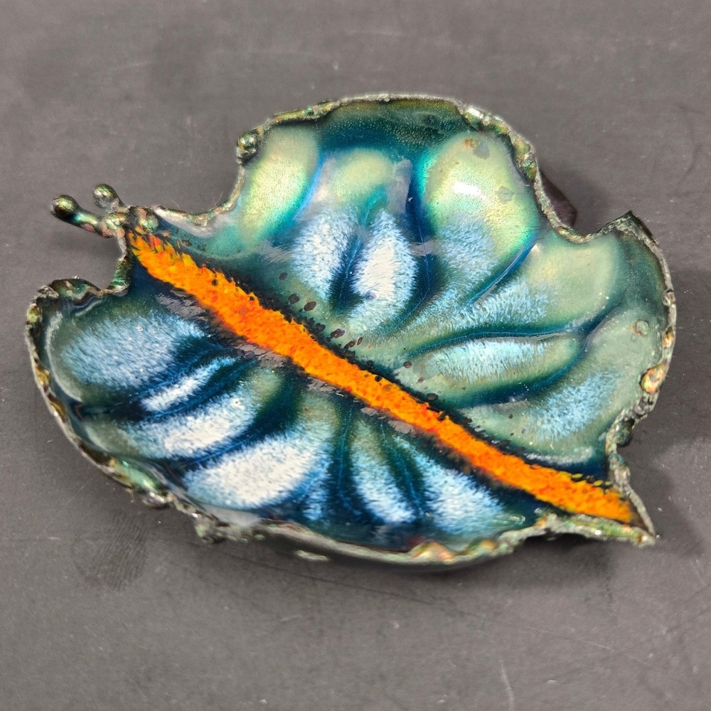 Vintage Enamel on Copper Leaf Dish Mid Century Modern Signed Canova Studio Art
